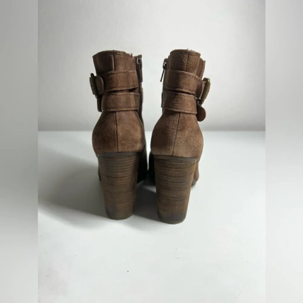 Lucky Brand Womens Lauren Ankle Boots Brown Suede Block Heels Zip Buckle  Sz8M